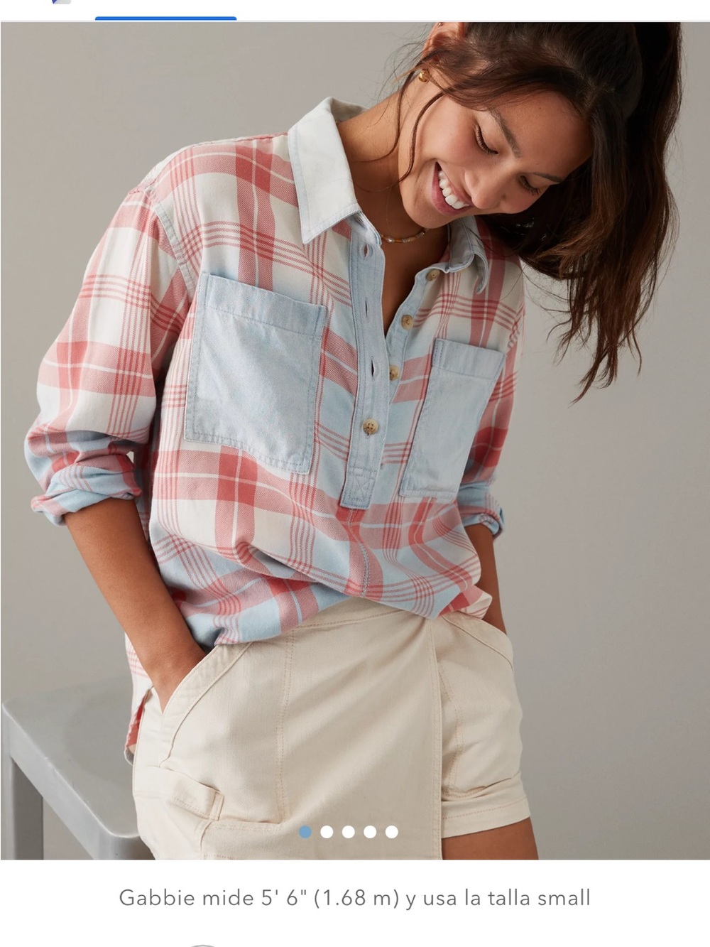 American Eagle Outfitters Pink and Light Blue Plaid Button Down Shirt